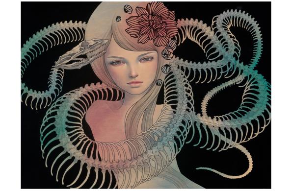 Woman with flowers in her hair with snake skeleton wrapped around her in a haunting manner