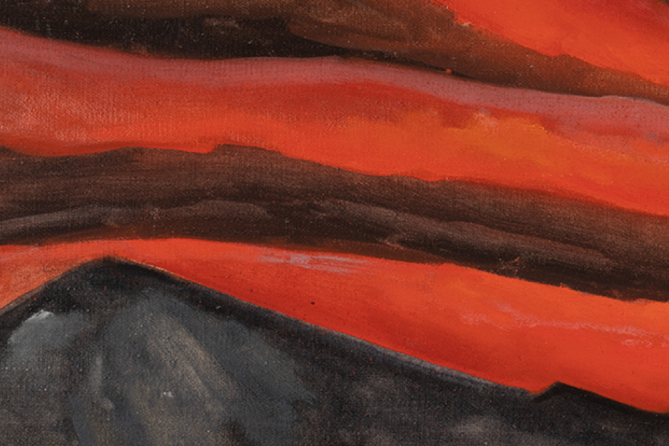hisako hibi painting of morning barracks and mountains in distance red sky
