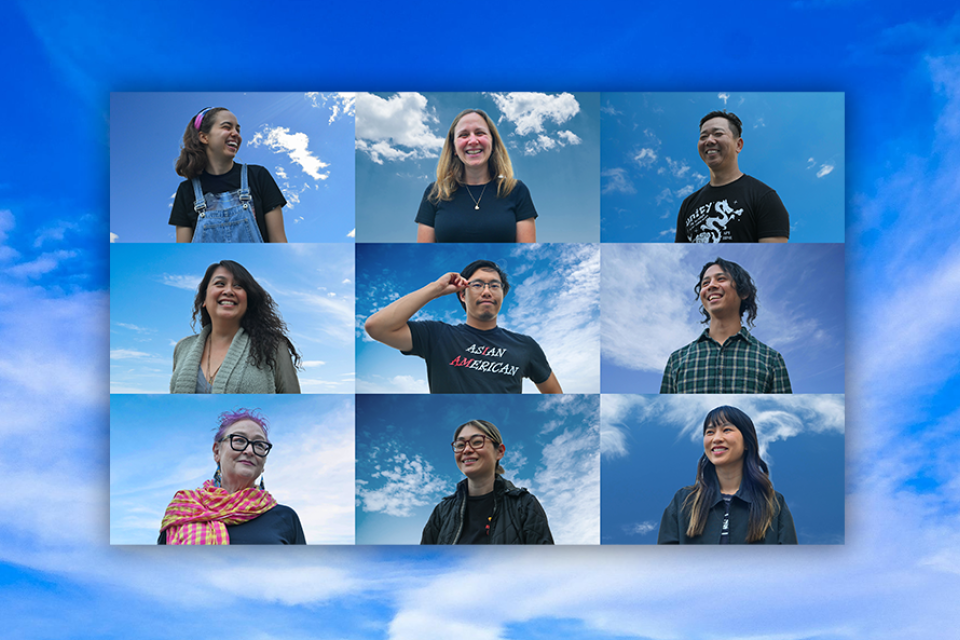 headshots of nine people against sky