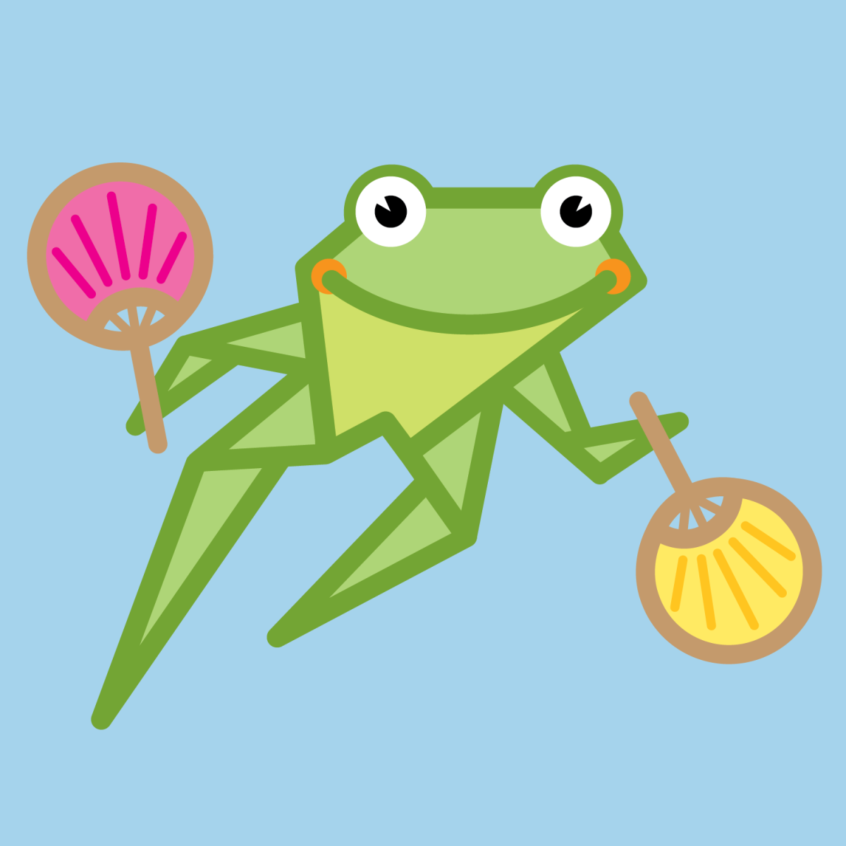 light blue square with green jumping frog in the center, frog is holding two fans. one fan in pink and one in yellow