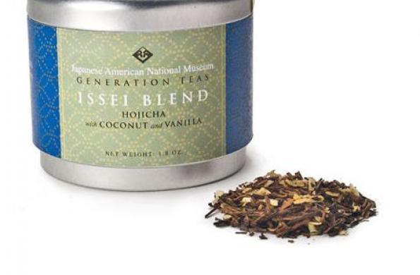 tin canister with green and blue label that says "Japanese American National Museum Generation Teas Issei Blend" and a small scoop of tea leaves sitting next to it