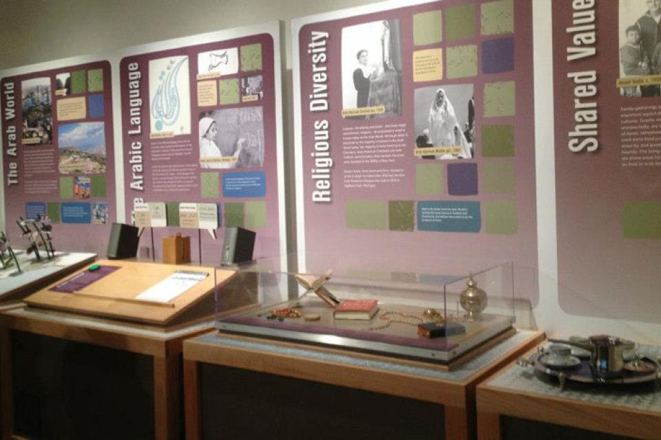 Displays from Patriots and Peacemakers exhibit at JANM