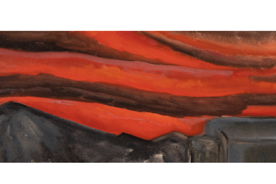 painting of barracks and red sky