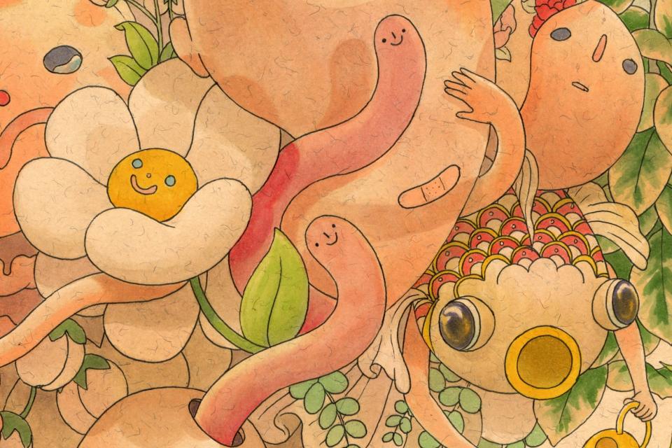 illustration by felicia chiao colorful playful flowers and worms with smiling faces