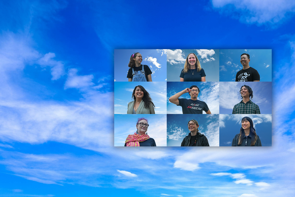 headshots of nine people against sky