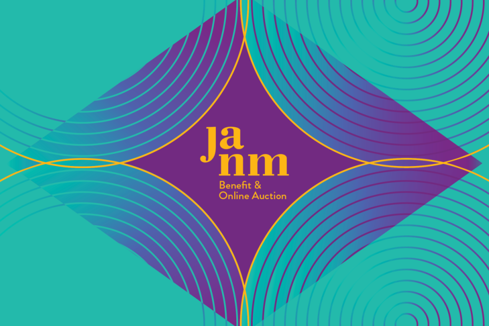 janm benefit and online auction on purple with green concentris circles in the corners