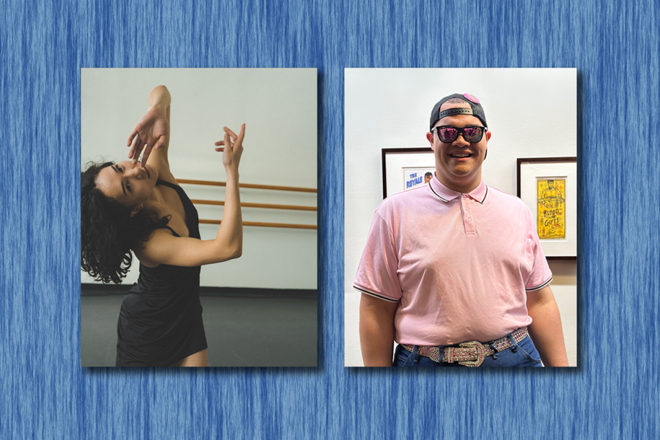 two photos on a textured blue background, one is a photo of a woman in performance dance pose and the other is a man indoors wearing sunglasses, pink shirt and backward baseball cap.