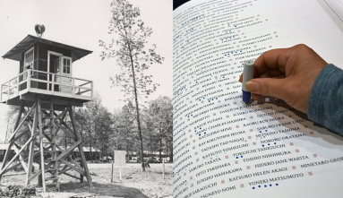Jerome guard tower and photo of hand stamping book of names