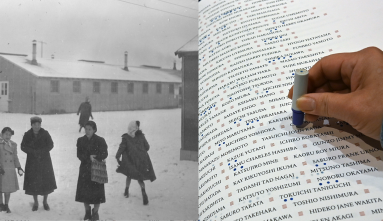 Incarcerees standing in snow with barracks in background, next to a photo of a hand stamping book of names