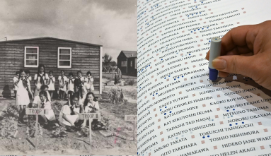Photo of Crystal City internment camp encarcerees next ton a photo of a hand stamping the names in the Ireicho book of names