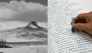 Photo of Heart Mountain concentration camp next to a photo of hand stamping incarcerees names in book