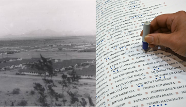 Gila River concentration camp net to a photo of a hand stamping the Ireicho book of names