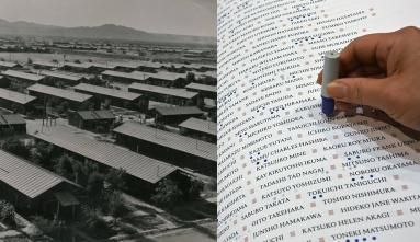 A photo of Poston concentration camp next to a photo of a hand stamping name in a book of the people who were incarcerated in those camps