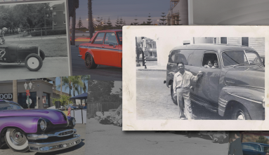 photo of fish truck over photo collage of cars in background